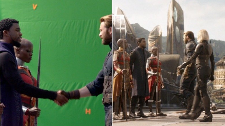 Split image of Black Panther greeting the Avengers