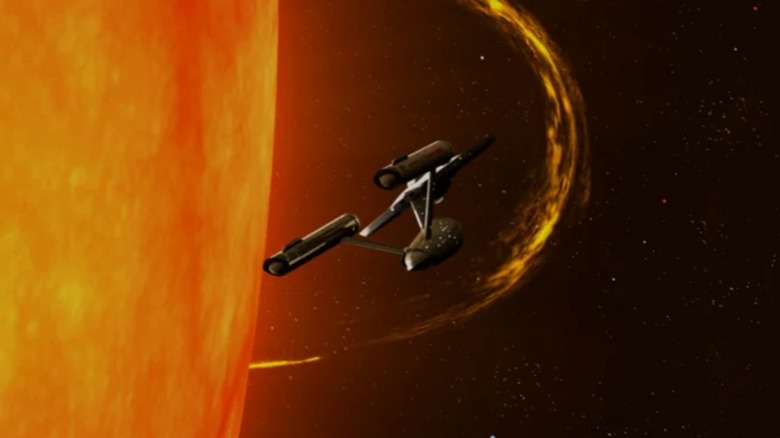 The Enterprise flying near a star in Star Trek: The Voyage Home (1986)