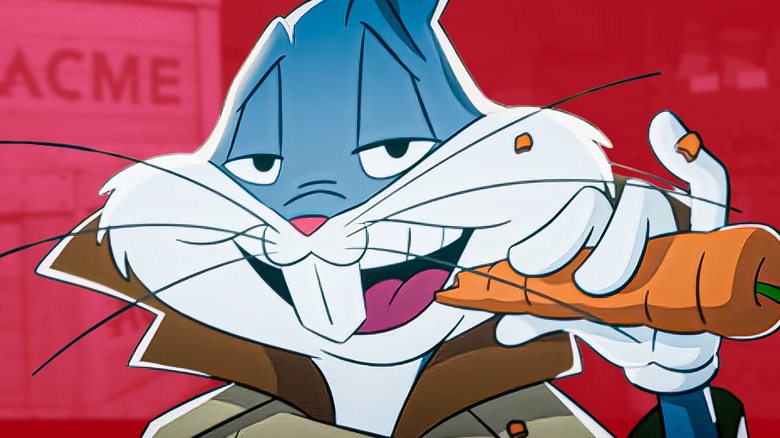 Bugs Bunny munching on a carrot in front of red background
