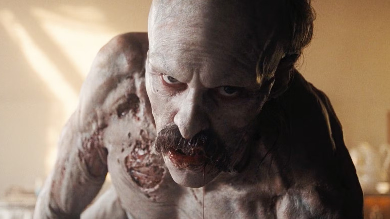 Count Orlok (Bill Skårsgard) looming over the camera at the break of dawn in Nosferatu (2025)