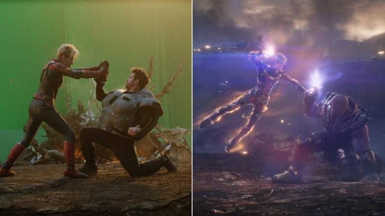 Brie Larson and a guy in a Thanos suit fight