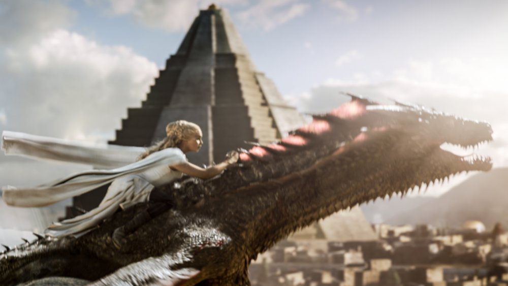 Dany rides a dragon on Game of Thrones