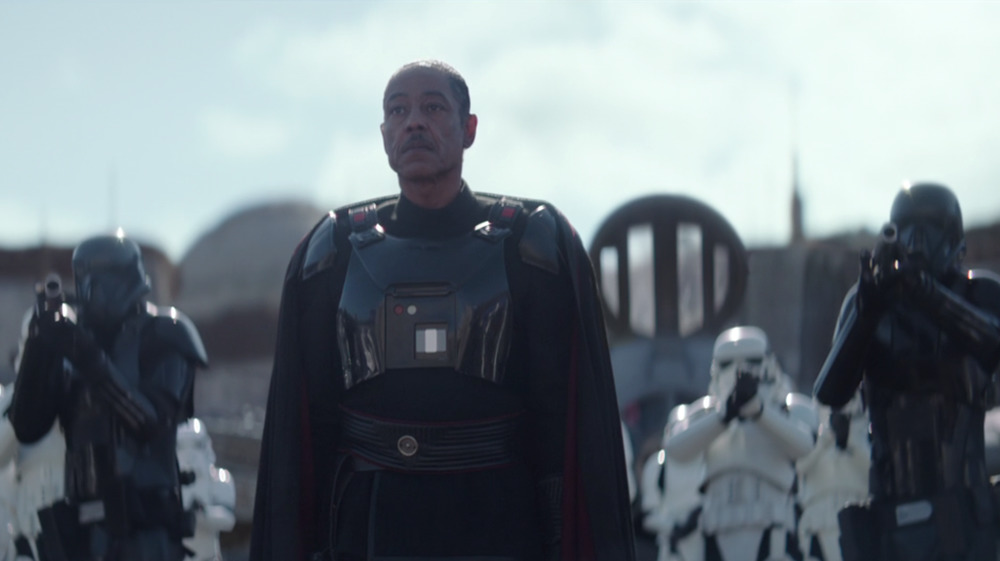 Giancarlo Esposito as Moff Gideon with Stormtroopers on The Mandalorian