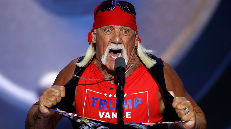 Hulk Hogan tearing off his shirt at the RNC in 2024 in support of Donald Trump
