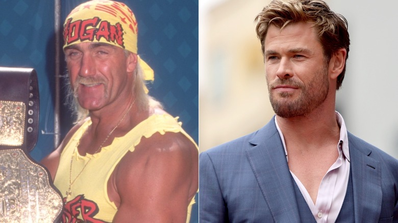 Hulk Hogan holding a wrestling belt, Chris Hemsworth in a suit
