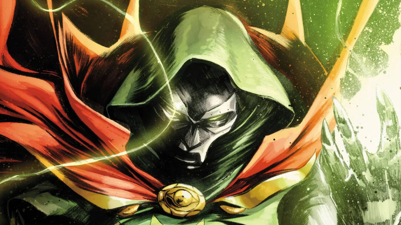 Doctor Doom wielding energy and wearing Doctor Strange's cloak in One World Under Doom