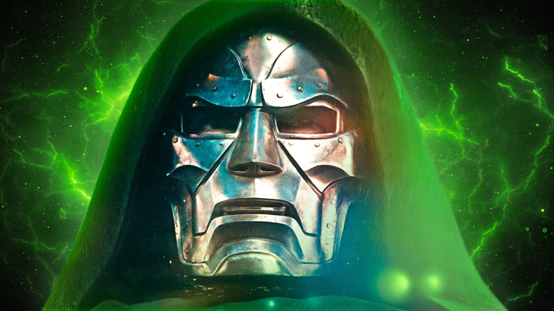 Doctor Doom wearing his mask with green energy bolts glowing on the background