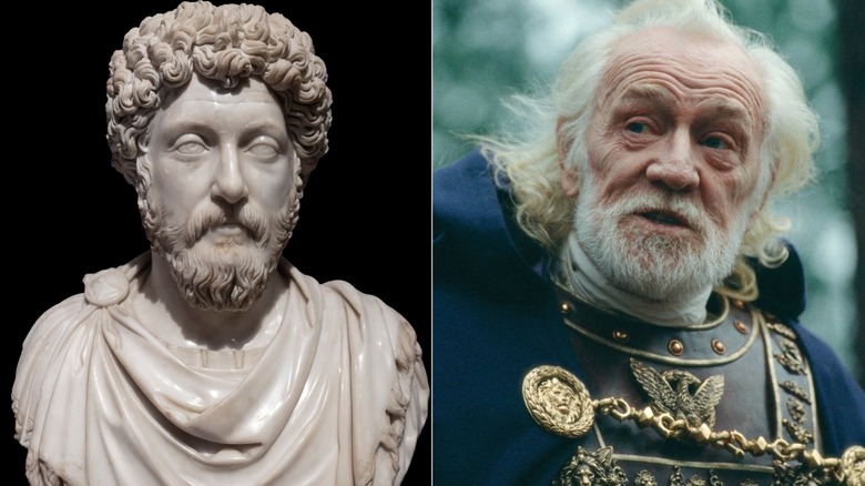 A bust of Marcus Aurelius and Marcus Aurelius speaking in the movie "Gladiator"