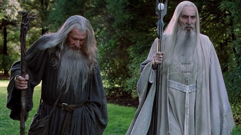 Gandalf and Saruman walk through Isengard in "The Fellowship of the Ring"