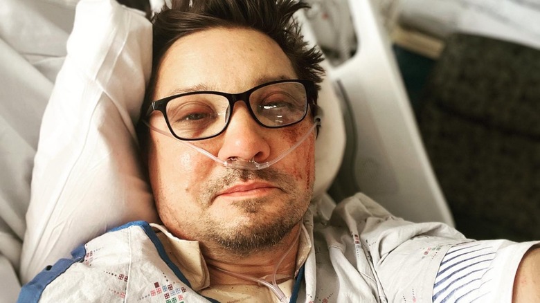 Jeremy Renner taking a selfie from a hospital bed