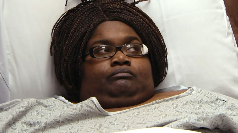 Liz Evans in a hospital bed
