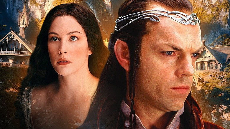 Arwen and Elrond with Rivendell behind them