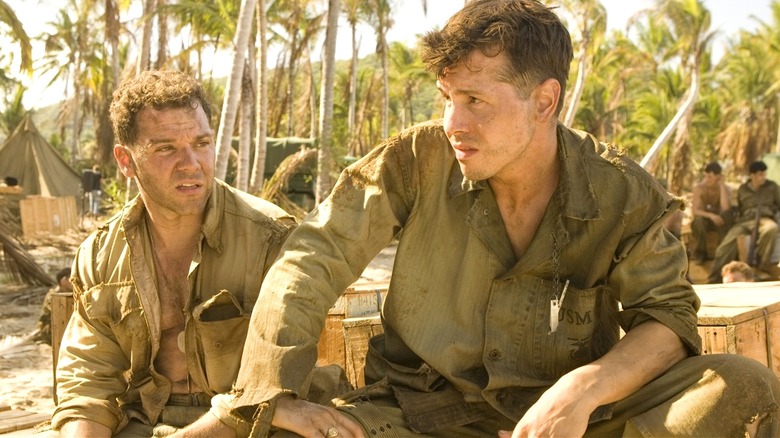 J.P. Morgan sitting with John Basilone outside