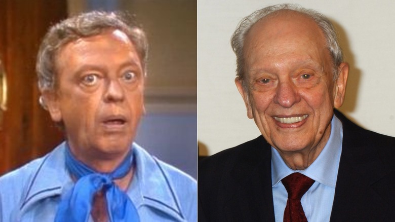 Don Knotts as Mr. Furley on Three's Company (left), and in 2004 (right)