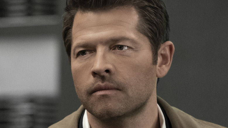 Misha Collins looking grim as Castiel in Supernatural