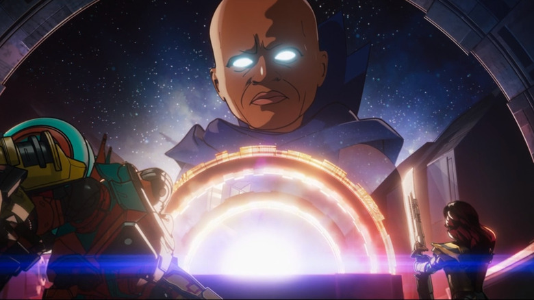 The Watcher looking down at Iron Man and Gamora