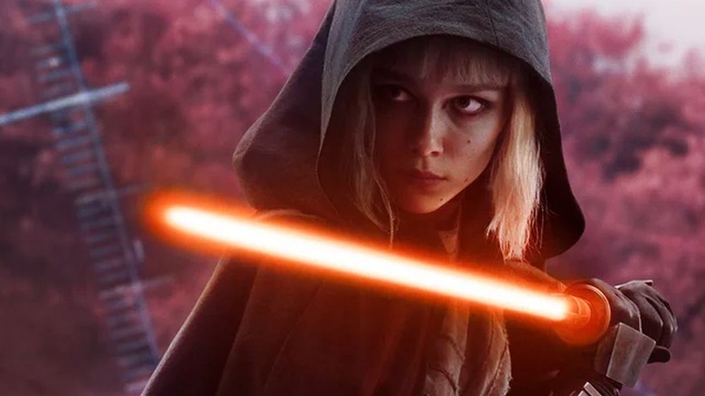 Shin Hati wielding an orange lightsaber in Ahsoka