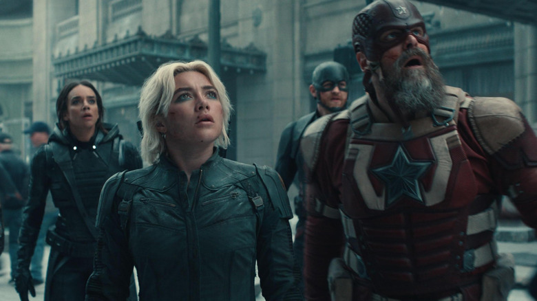 The Thunderbolts looking up in awe in Thunderbolts* (2025)