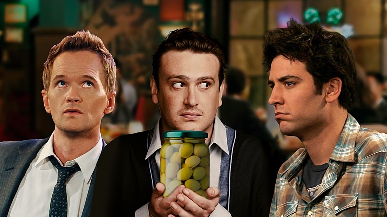 How I Met Your Mother's Ted, Marshall, and Barney looking confused with olives