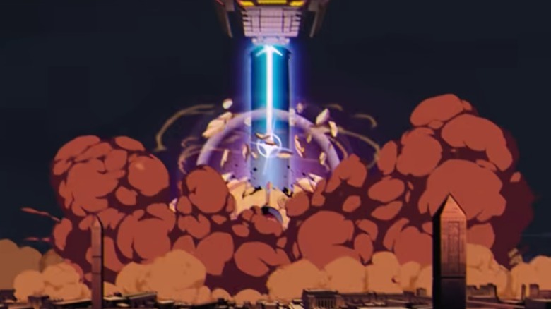 An energy beam hitting a city in ancient Egypt