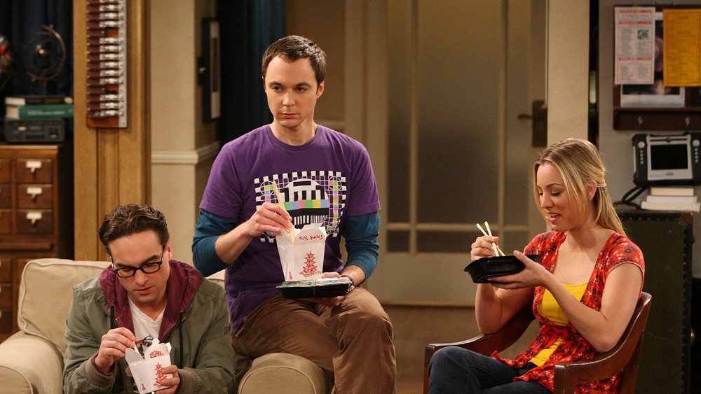 Leonard, Sheldon and Penny eat Chinese food