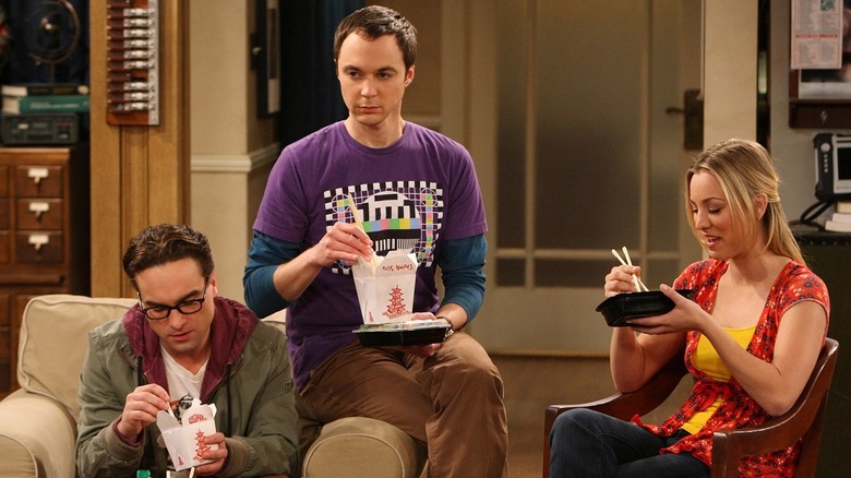 Leonard, Sheldon and Penny eat Chinese food