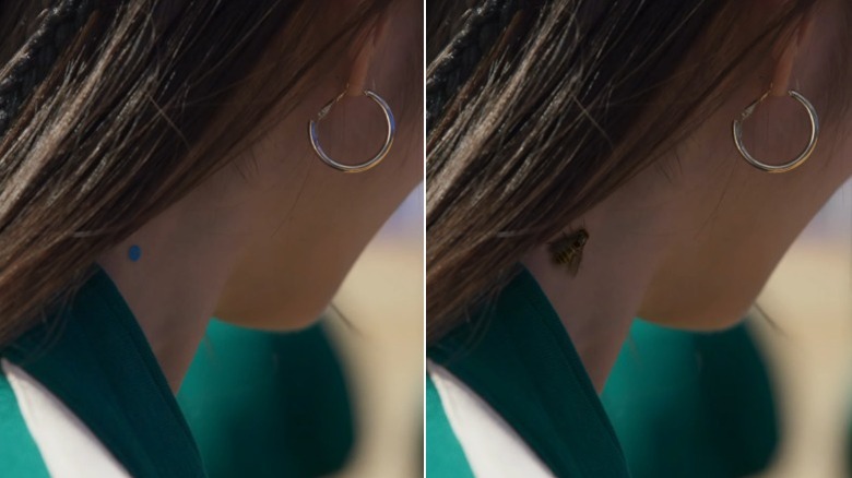 A bee perched on Mi-na's neck before and after VFX on Squid Game