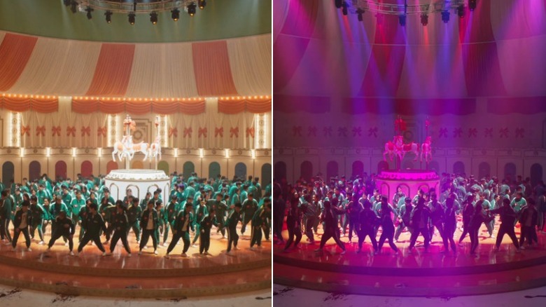 Side-by-side comparison of the Squid Game carousel before and after VFX