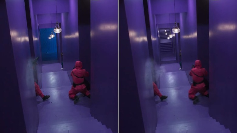 Side-by-side comparison of a purple corridor on Squid Game before and after VFX