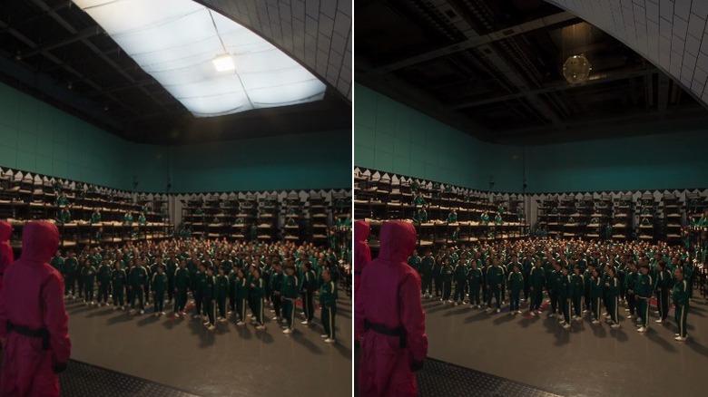 Side-by-side comparison of the dormitory before and after VFX on Squid Game