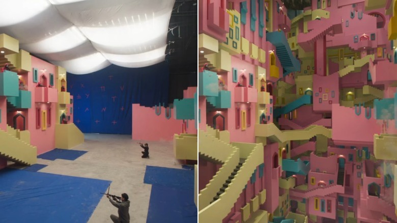 Side-by-side comparison of the Squid Game stair maze before and after VFX