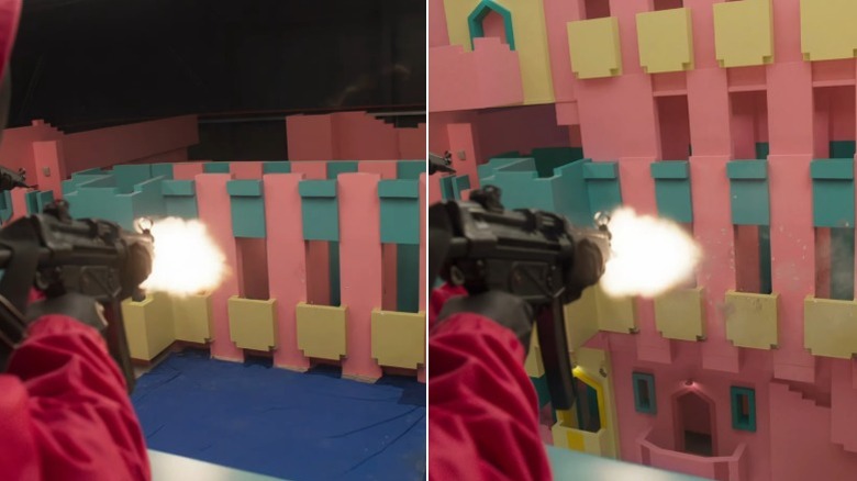 Side-by-side comparison of a guard firing at the stair maze balconies on Squid Game before and after VFX