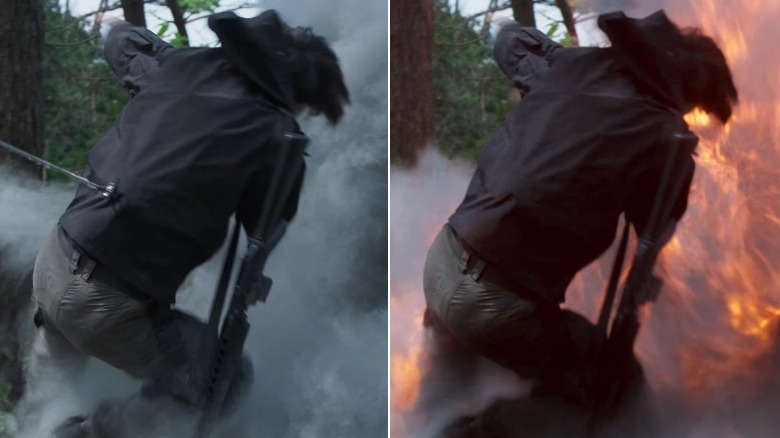 A man being blown back by an explosion before and after VFX on Squid Game