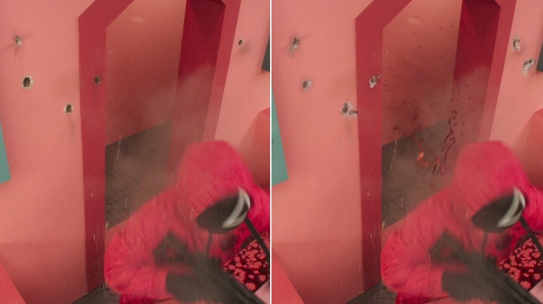 A pink guard getting shot on Squid Game before and after VFX