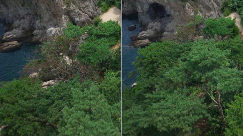 Side-by-side comparison of the island cave before and after VFX on Squid Game