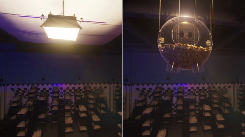 Side-by-side comparison of the piggy bank hanging from the Squid Game dormitory before and after VFX