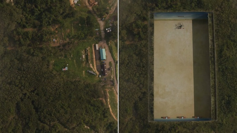 The Red Light, Green Light arena seen from overhead on Squid Game before and after VFX