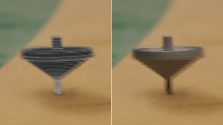 Side-by-side comparison of a spinning top on Squid Game before and after being fully rendered in CGI