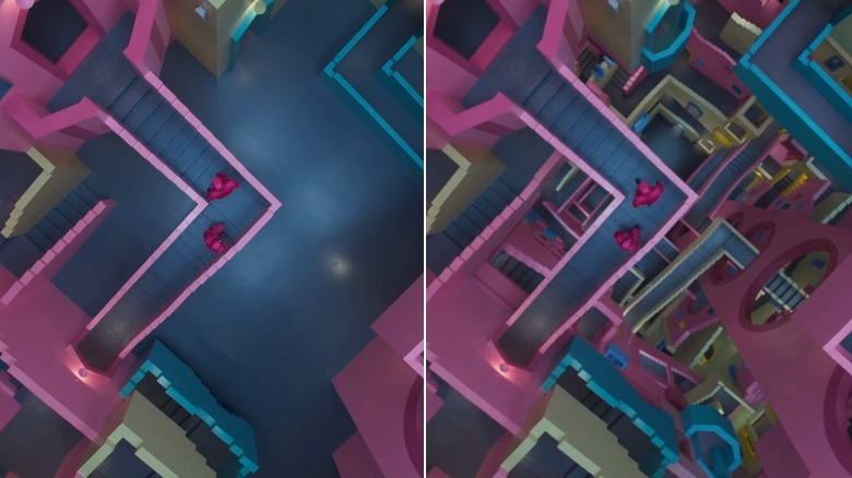 Side-by-side overhead shots of the Squid Game stair maze before and after VFX