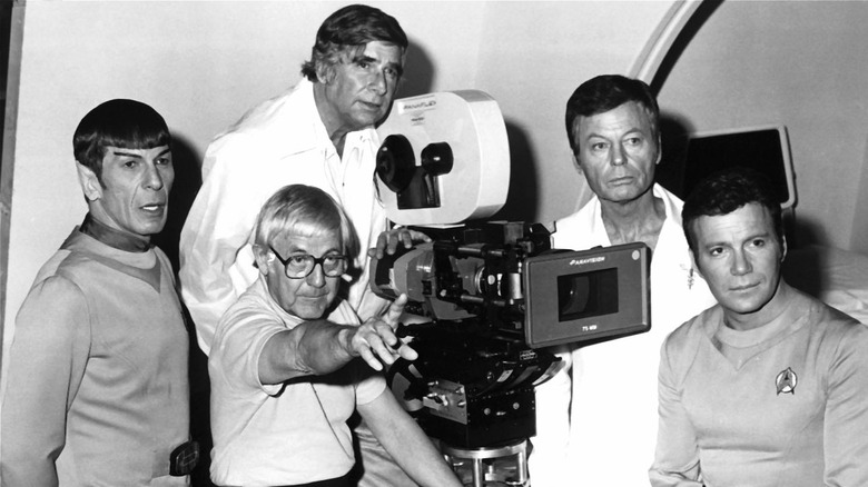 Leonard Nimoy, William Shatner, DeForest Kelley, Gene Roddenberry, and Robert Wise working on 