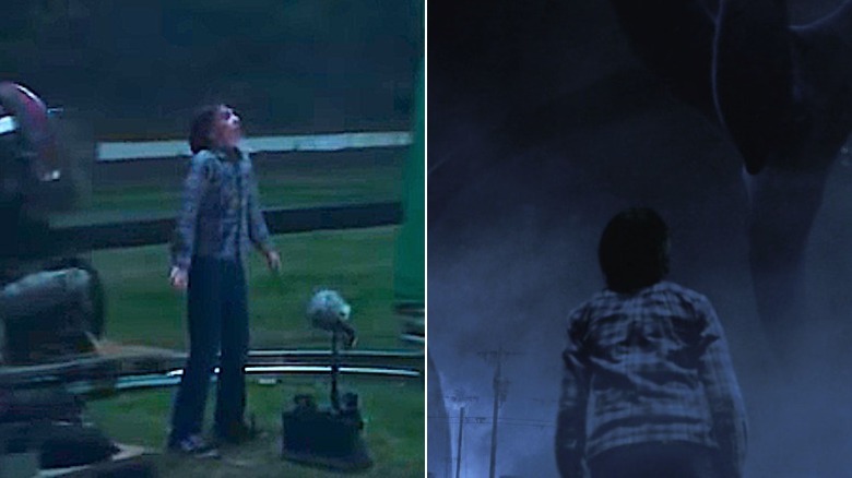 Noah Schnapp on the set and Will Byers facing the Shadow Monster in "Stranger Things"