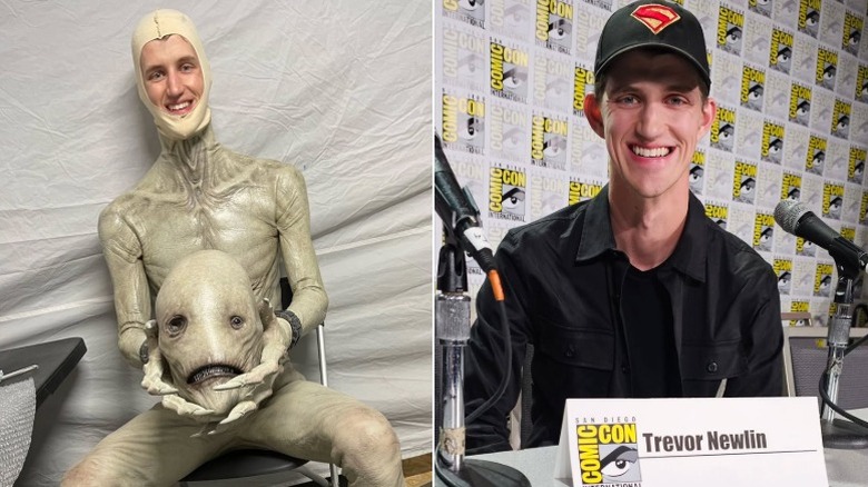 Trevor Newlin in the Mr. Handsome costume and wearing normal clothes at Comic-Con