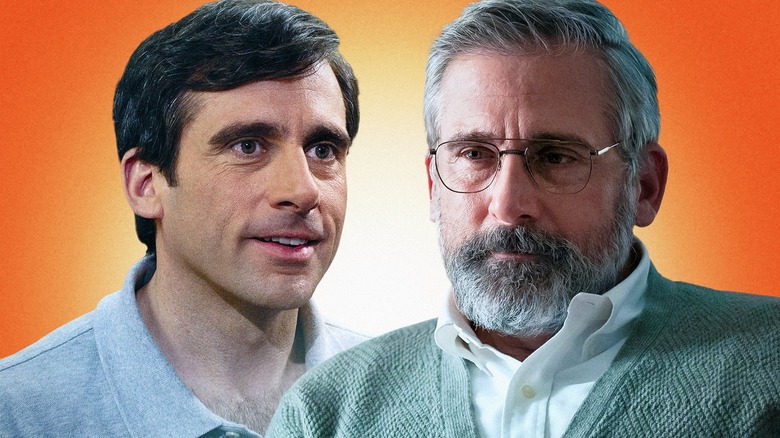 Younger and older Steve Carell orange background