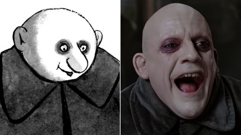 Fester as a cartoon and as portrayed by Christopher Lloyd in "