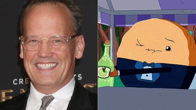 Dee Bradley Baker smiles at the 2017 Creative Emmy Awards, and Cinnamon Bun working as a waiter