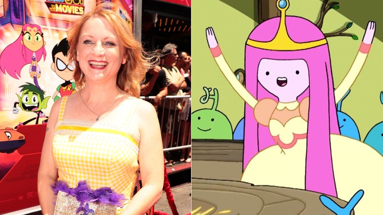 Hynden Walch poses on the "Teen Titans Go to the Movies" red carpet in 2018 and Princess Bubblegum raises her arms