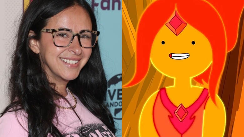 Jessica DiCicco poses and smiles at a San Diego Comic-Con event and Flame Princess smiles