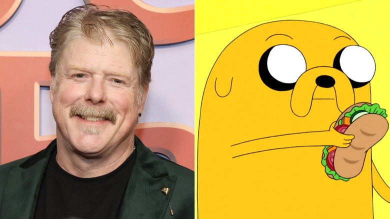 John DiMaggio poses at the "Simpsons" holiday special world premiere im Los Angeles in 2024, Jake the Dog holding a sandwich