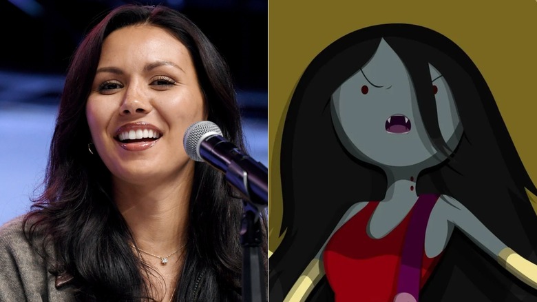 Olivia Olson sits near a mic at the 2025 Los Angeles Comic-Con, and Marceline angrily bares her fangs