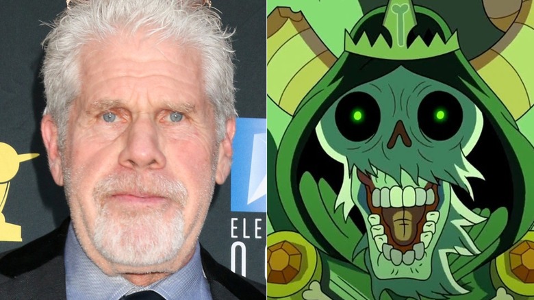 Ron Perlman poses at the 2025 Saturn Awards, and the Lich opens its mouth while bathed in green light